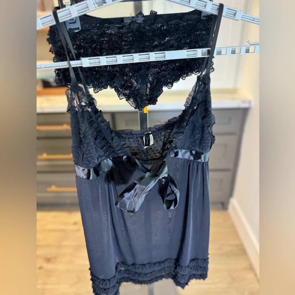 Christina Lingerie - Black Lace Nightie Lingerie with matching boy shorts SZ L